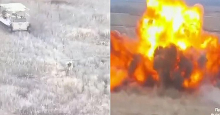Moment Russians flee kamikaze tank filled with own explosives set for Ukraine