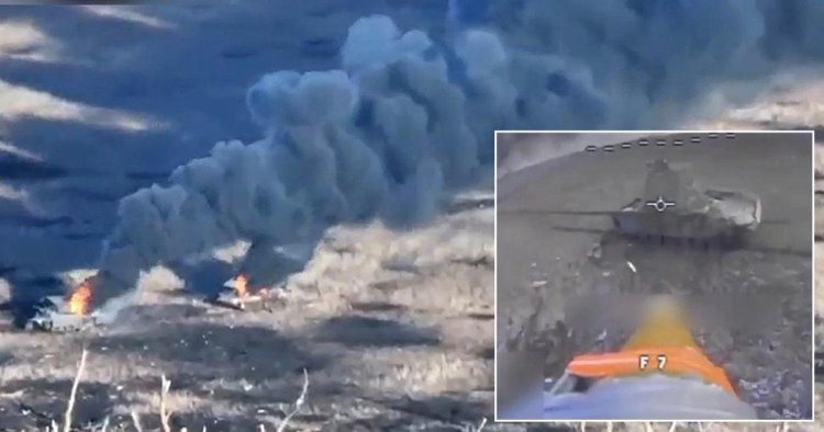 Entire column of Russian armoured vehicles obliterated by drones