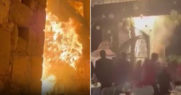 Huge fire rips through wedding marquee with flames pouring down on guests