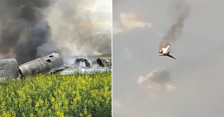 Putin’s £228,000,000 strategic bomber shot out of the sky before spiralling in flames