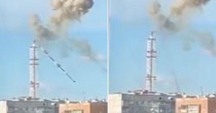 Moment TV tower snaps in half in Russian attack